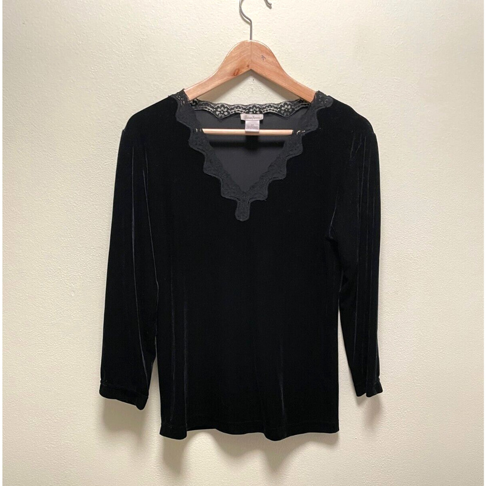 Vintage Neiman Marcus Women Top XS Black Velvet Lace Trim Stretch Whimsigoth 90s